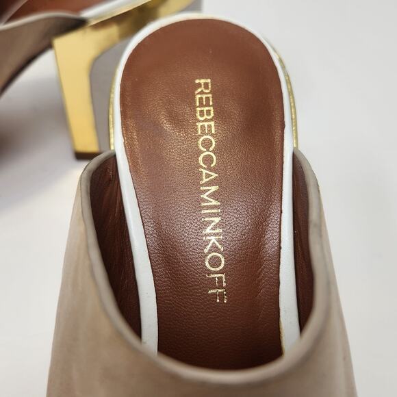Rebecca Minkoff White Brown Metallic Leather Suede Mule Sandals Heels Size 7 M - Picture 6 of 11